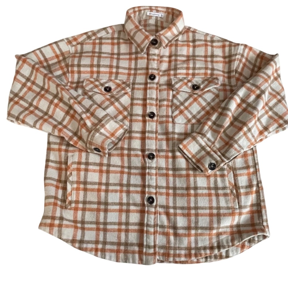 STACCATO‎ Plaid Button Down Shirt Jacket Orange Brown Cream Long Sleeve Women L